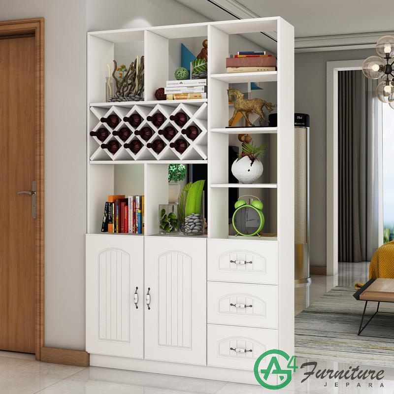 Lemari Sekat Ruang Tamu Minimalis Modern Warna Duco - Kayu Mahoni