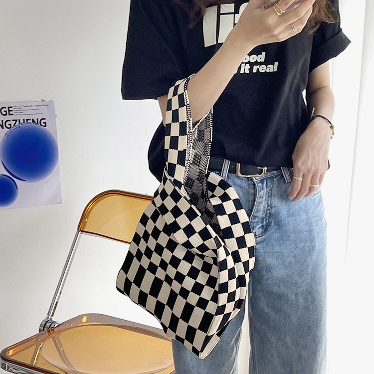 Tas Wanita Rajut Buffollow SMALL Korean Knitted Checkered Tas Tote Bag Import