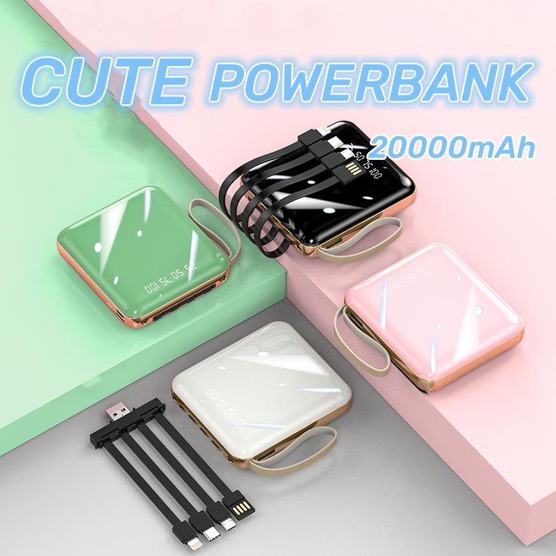 Power Bank 20000mAh Fast Charging with 4IN1 Kabel Data Real Capacity Mini Powerbank USB Portable Cute