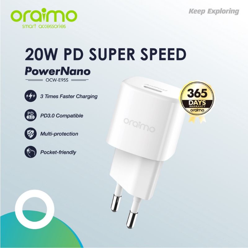 Kepala charger PD 20W Oraimo port tipe-C PowerNano OCW-E95S Adapter Type-C