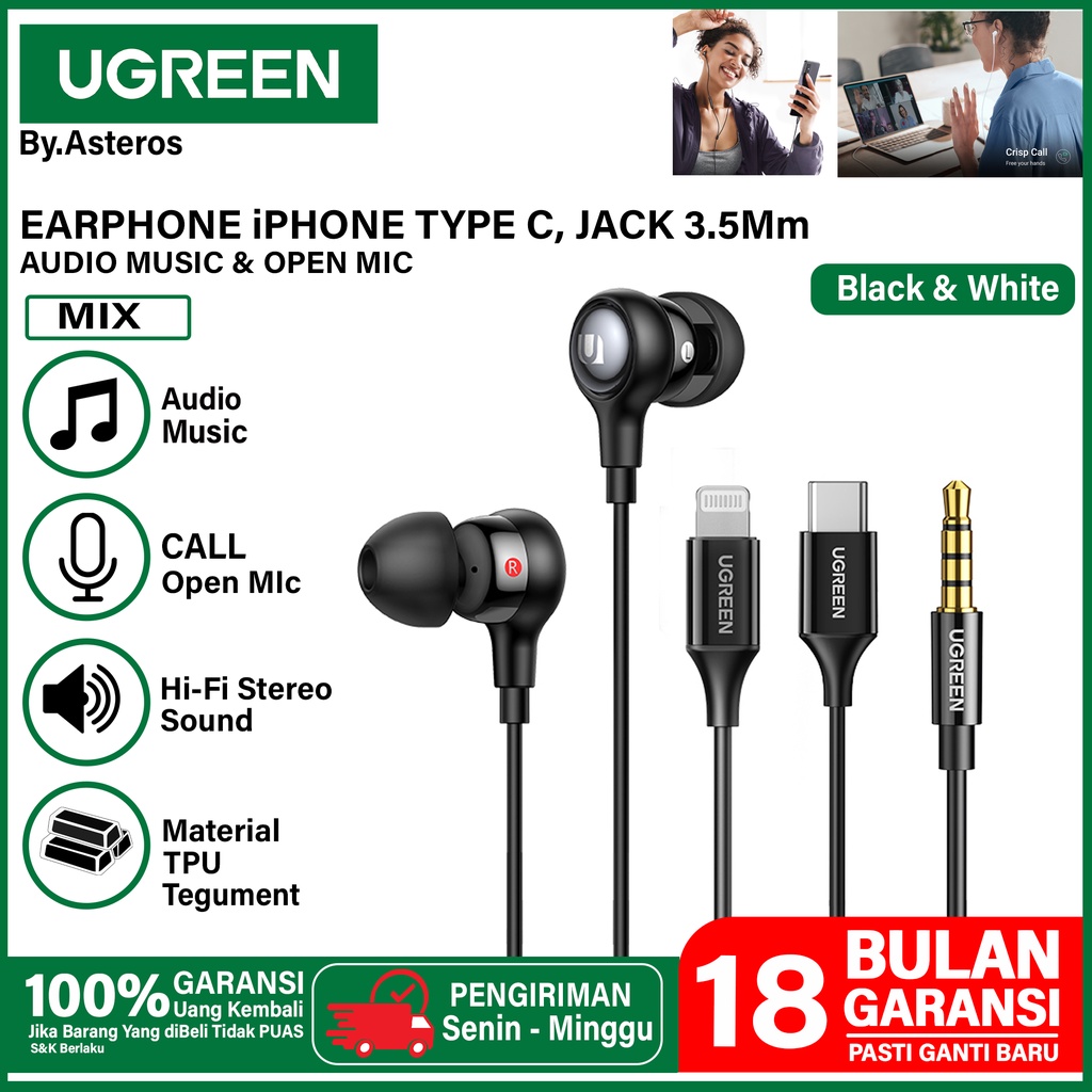 Earphone Handsfree Headset UGREEN iPhone Lightning Jack 3.5mm Type C ON Mic Original