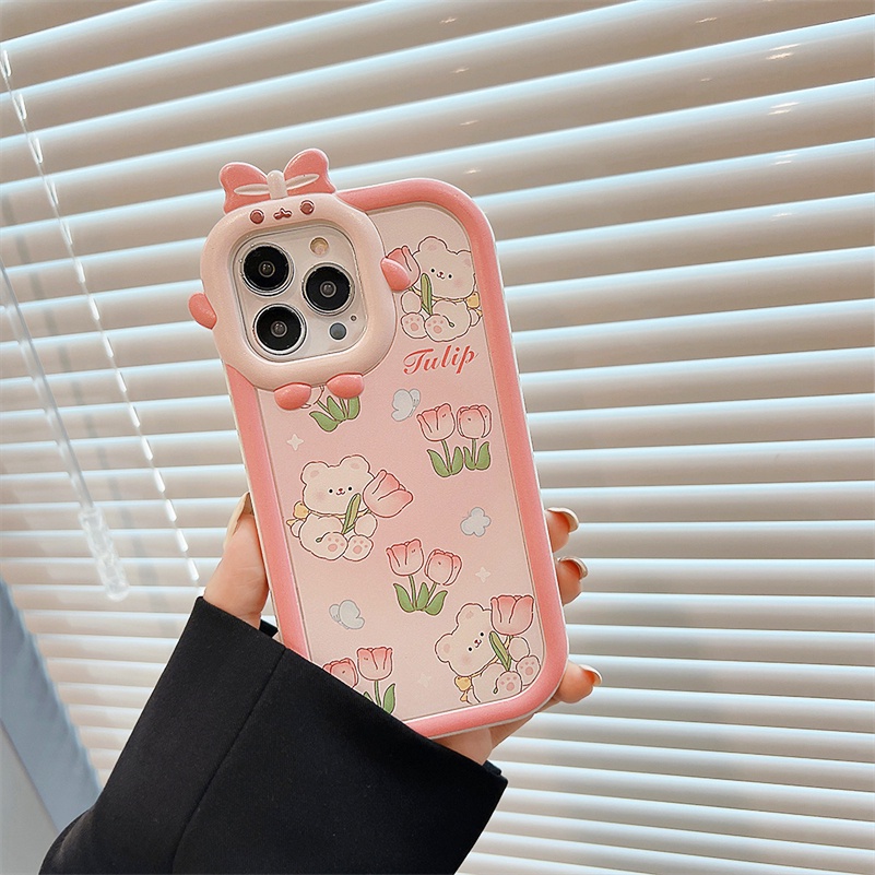 Soft Case Silikon Motif Beruang / Bunga Pink Untuk iPhone 14 13 12 11 Pro Max X Xr Xs Max 7 8 6 6s Plus