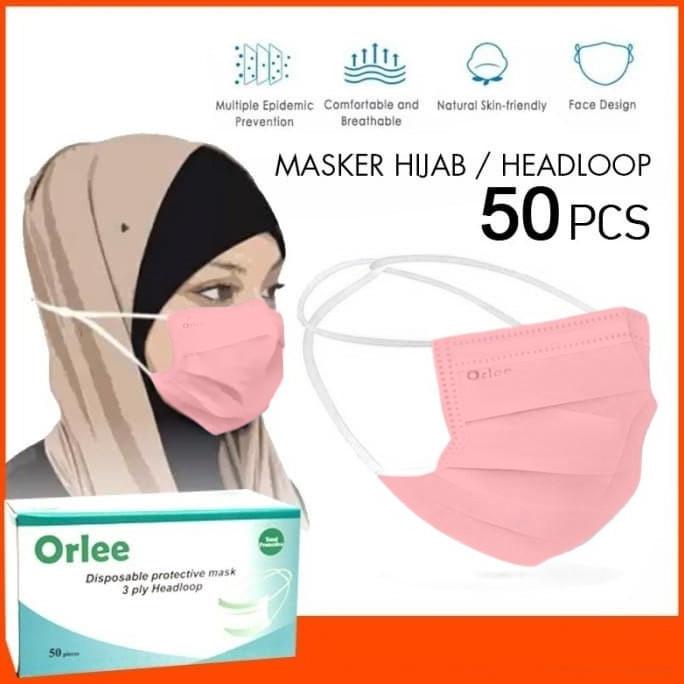 Masker 3 Ply 3ply Headloop Hijab Orlee Original kemenkes Pink isi 50 t-lbagstore Berkualitas