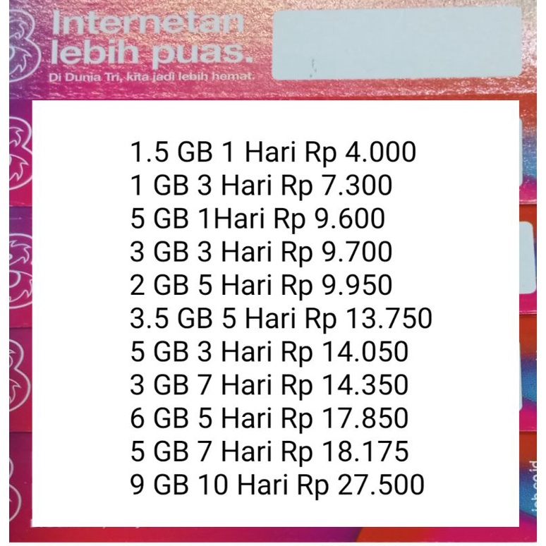 PAKET VOUCHER KUOTA DATA TRI THREE KUOTA MINI 24 JAM