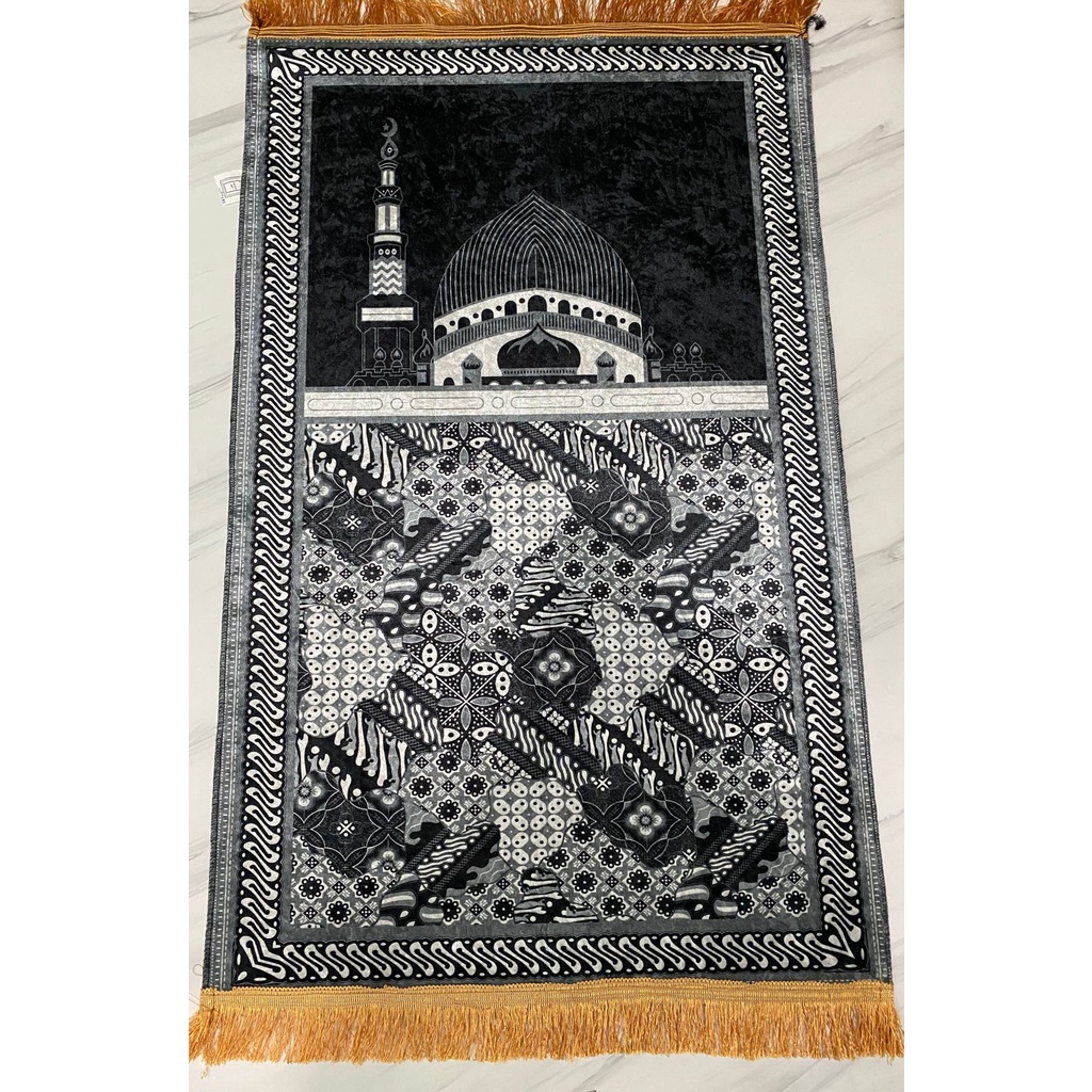 Sajadah Tebal Empuk Busa Kiswah Batik Anti Slip Premium Hitam Rumbai Gold