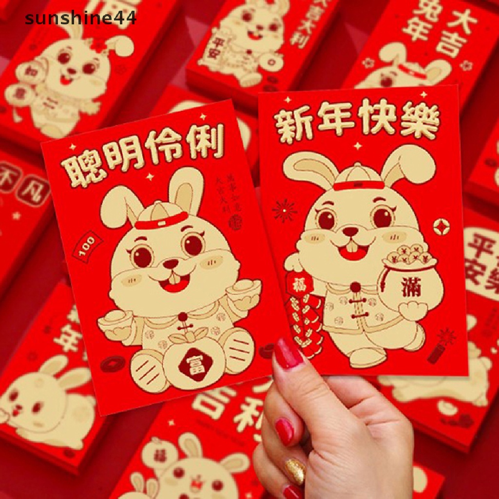 Sunshine 6Pcs / Set 2023 Amplop Angpao Tahun Baru Cina Gambar Kelinci Warna Merah