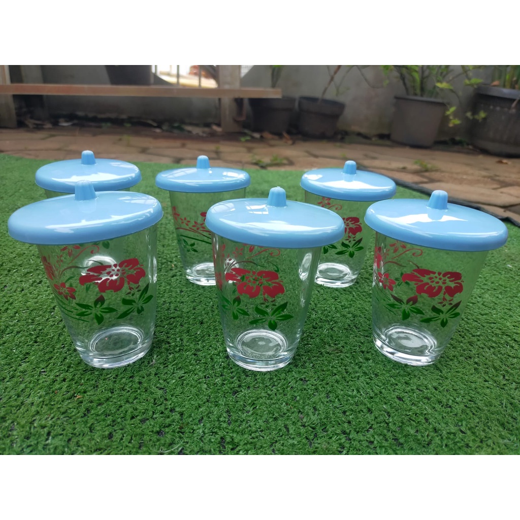 Gelas air minum motif kembang 6PCS free tutup gelas plastik