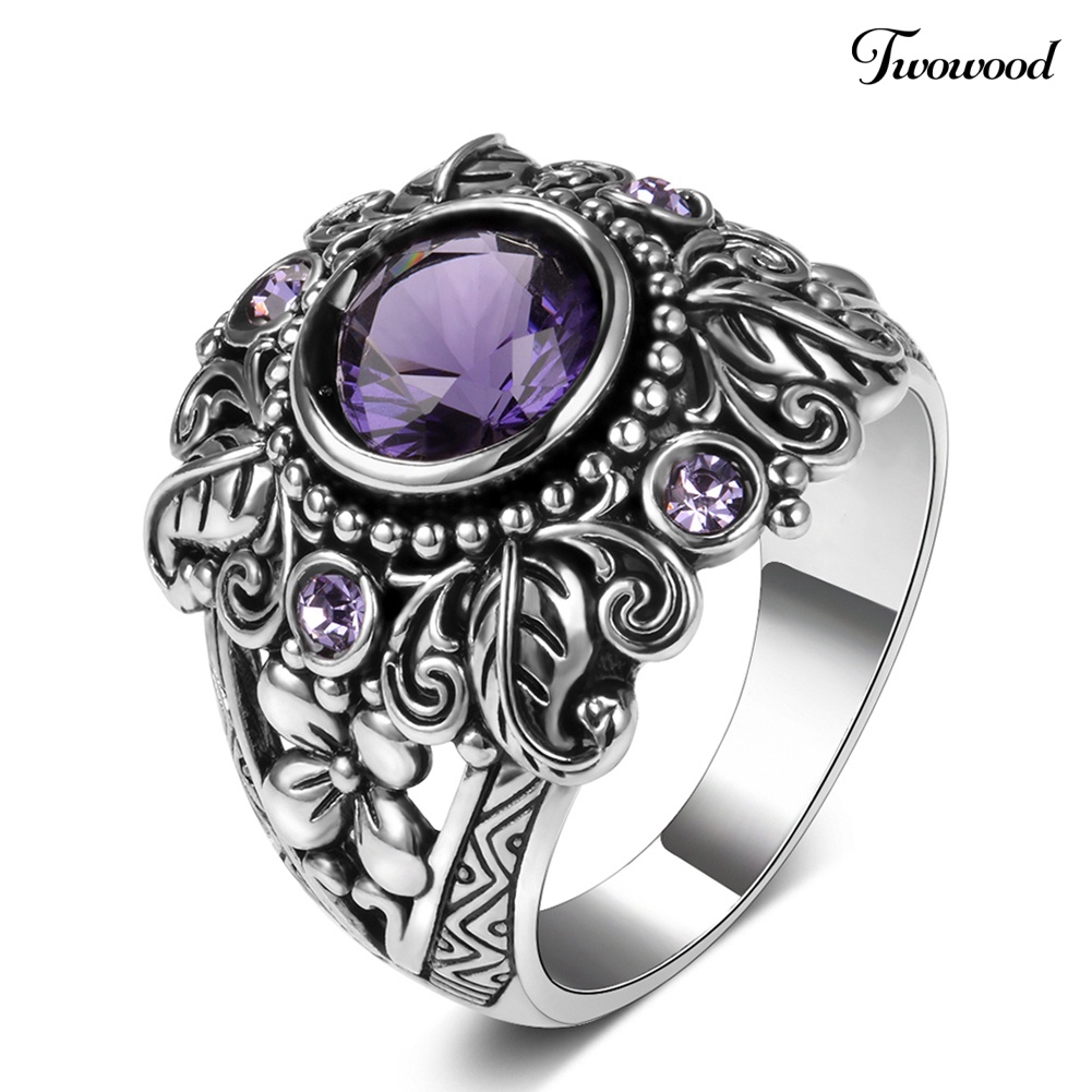 Cincin Jari Bentuk Bulat Motif Ukir Bunga Aksen Amethyst Imitasi Gaya Vintage Untuk Wanita