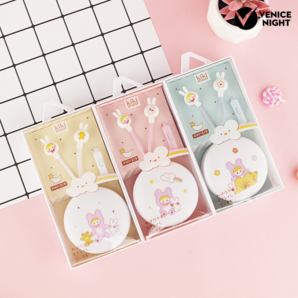 (VNEP) (Berkabel) Earbud Sensitif HD-kompatibel Memanggil dengan Mikrofon Cartoon Rabbit Box Earphone Stereo 3.5mm untuk Mendengarkan Musik