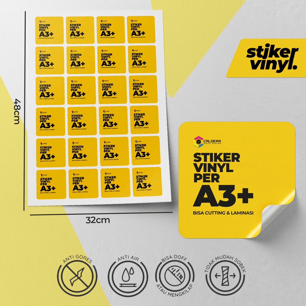 

Cetak / Print Stiker Label Vinyl Waterproof Custom per A3+ bisa Kiss Cut & Laminasi - Custom Sticker Print - CALDERA DIGITAL PRINTING