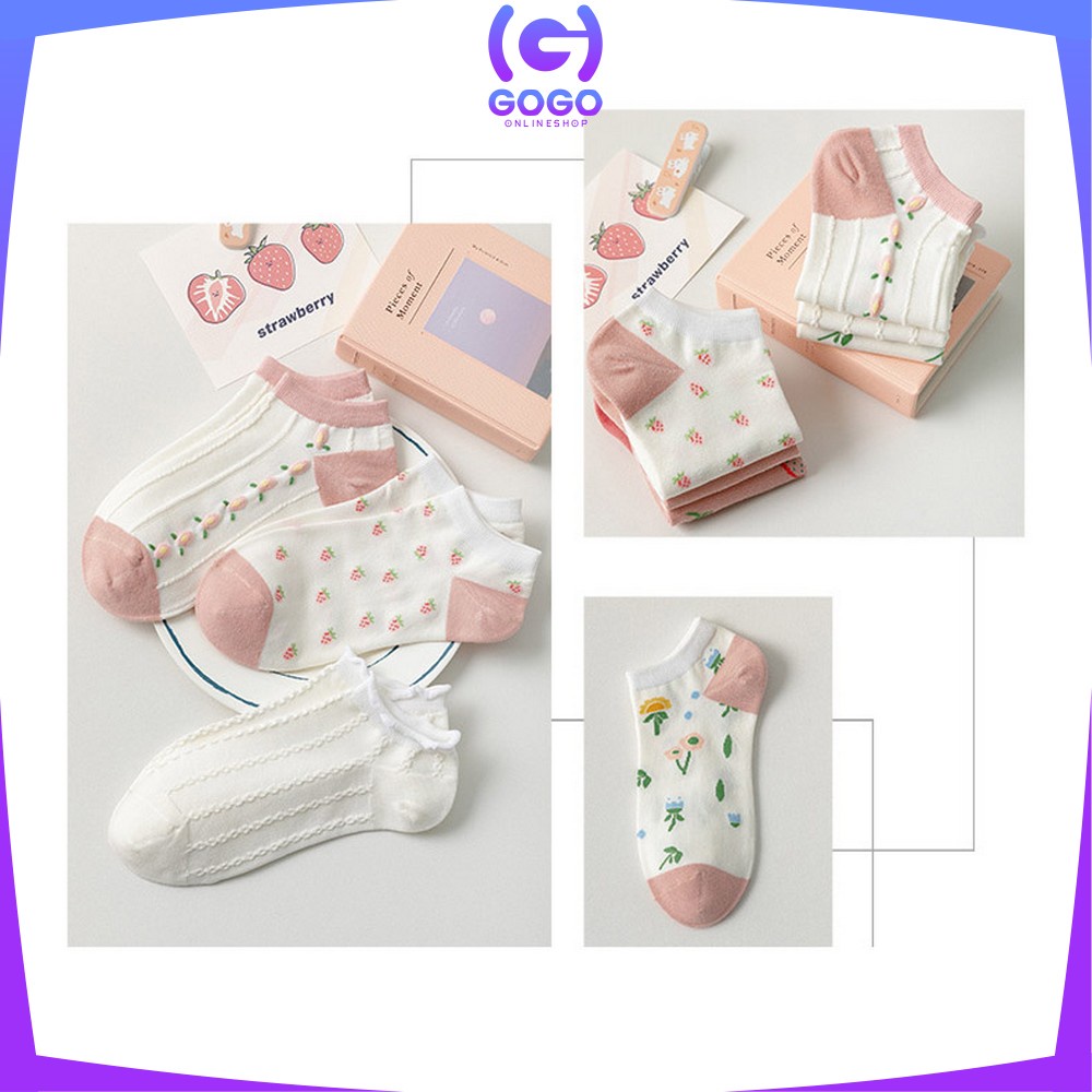 GOGO-P189 Kaos Kaki Wanita Motif Stroberi Bunga Fashion Korea / Kaus Kaki Pendek Semata Kaki Wanita / Strawberry Ankle Sock Korean Style