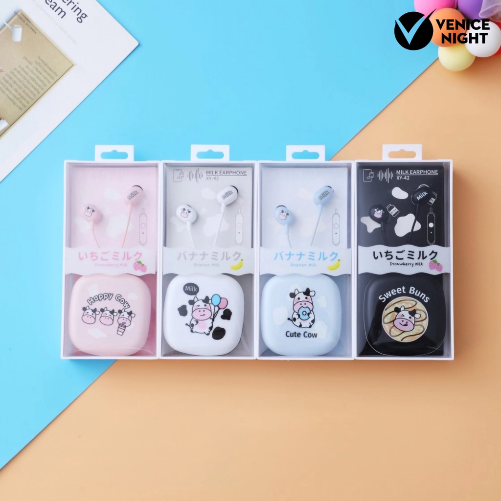 (VNEP) (Berkabel) Earphone Pengurang Kebisingan Universal Lucu 3.5mm Pola Kartun Sapi In-ear Earphone dengan Kotak Penyimpanan untuk Gadis