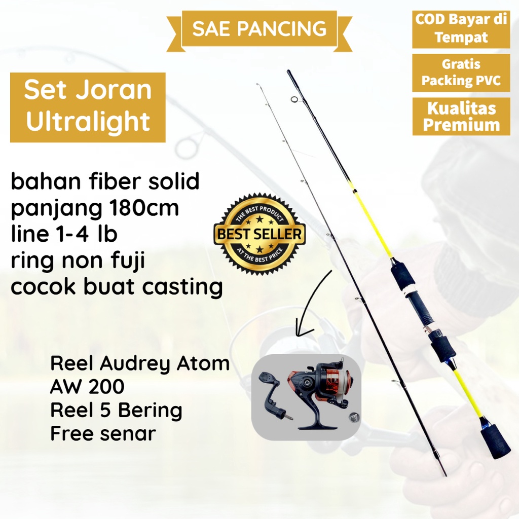 satu set joran pancing ul ultralight lentur fiber solid murah kuat ajiro takumi uk 180 cm reel audre