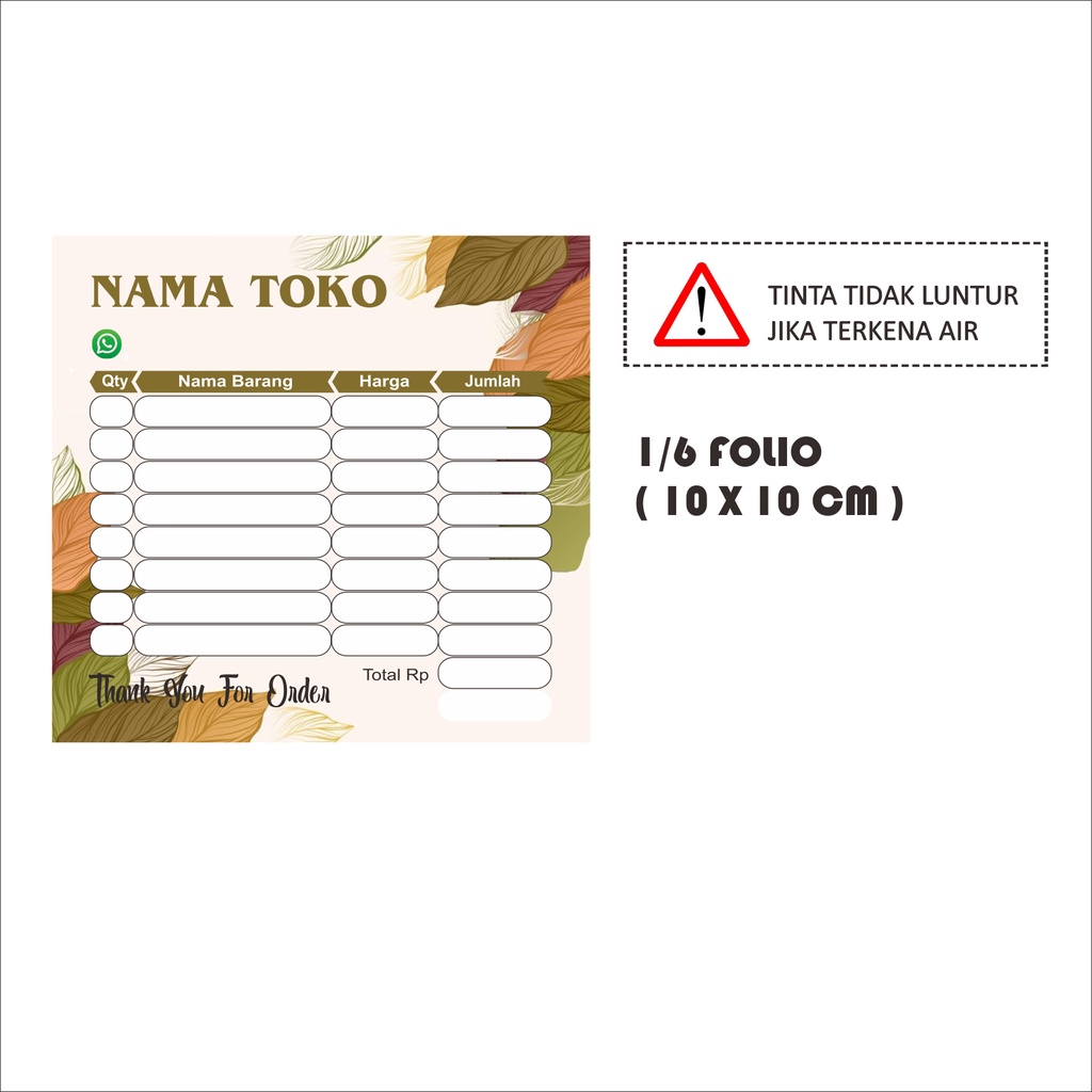 

Nota Costom Nama Toko / laundry / kwitansi 1/6 FOLIO