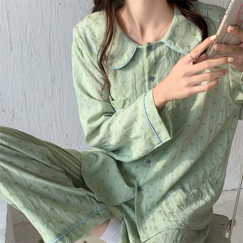 ins green love piyama wanita musim gugur dan musim dingin sweet doll collar striped plaid print stud