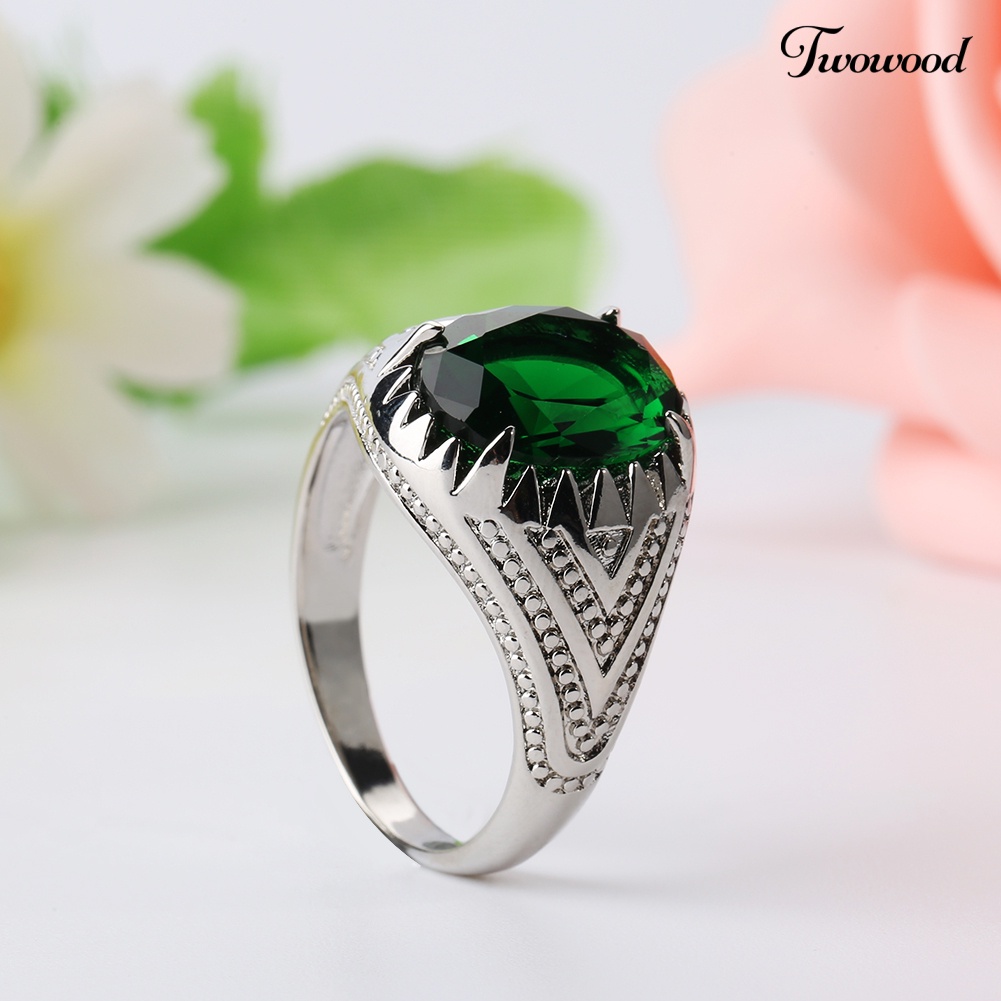 Cincin Jari Bentuk Oval Emerald Hijau Bahan Alloy Untuk Pria