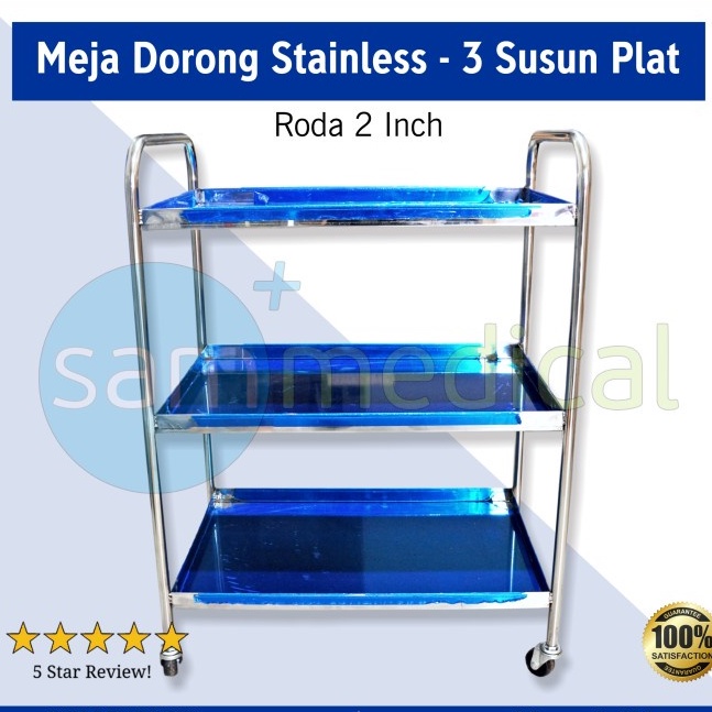 Lokal Trolly Dorong / Meja Instrumen Stainless 3 Susun Roda