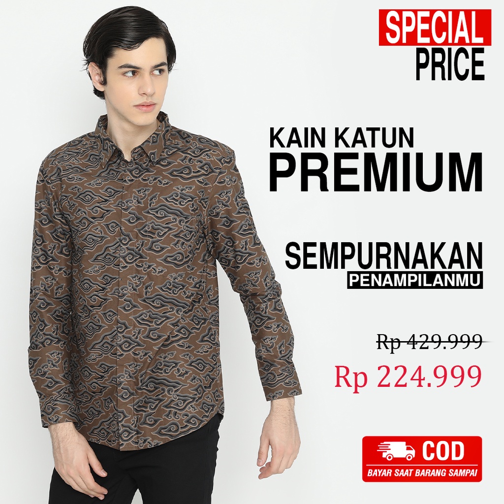 BATIK PRIA LENGAN PANJANG Kemeja Slimfit Premium Mega Mendung Warna Coklat Hitam 722074 Cap 72 - Baju Kemeja Atasan Pakaian Setelan Batik Pria Cowok Laki Laki Remaja Keluarga Kantor Lengan Panjang Modern Slimfit Slim Fit Premium Kekinian