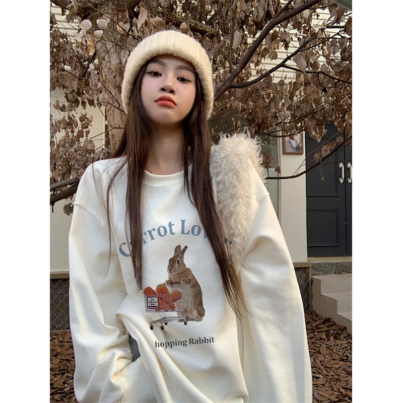 EUNII Sweater Lengan Panjang Shopping Cart Rabbit Korean Style/Hoodie Oversize/Baju Wanita/Switer Wanita