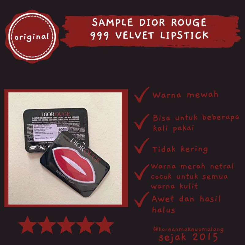 SAMPLE DIOR ROUGE LIPSTICK VELVET 999 ORIGINAL MERAH BEST SELLER LIPTINT LIP BIBIR PEMERAH ASLI MEWA