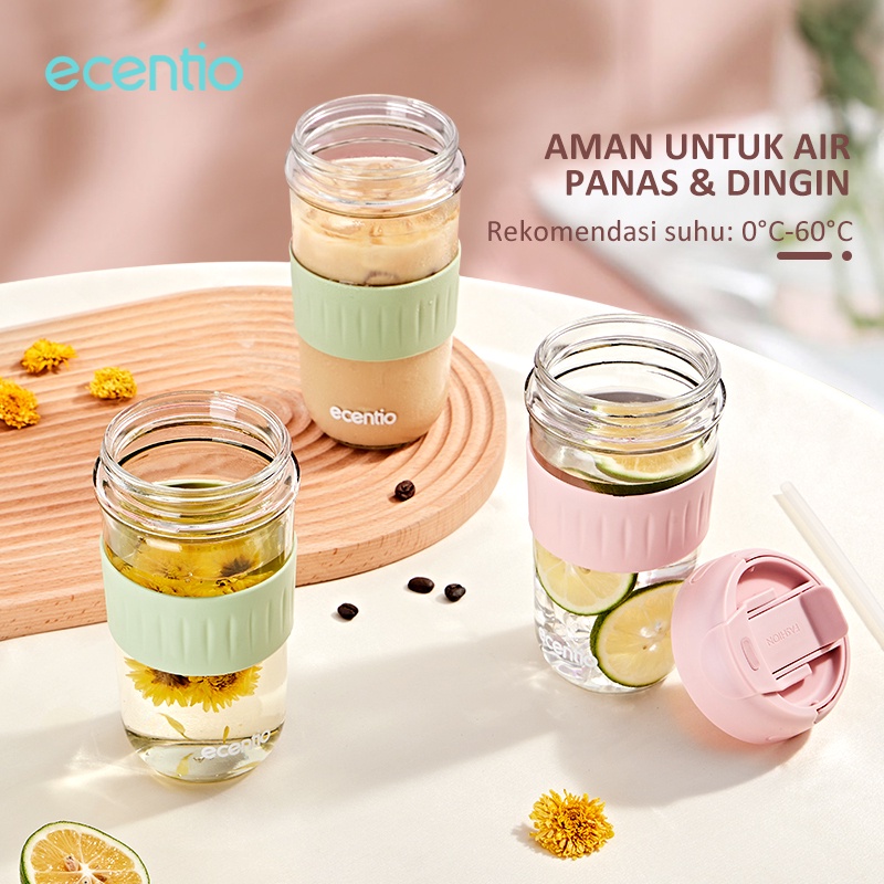 ecentio &amp; FOODI botol minum anak sedotan kaca 500ml korean/Tempat Minum Gelas Pink/Hijau/cangkir kopi/tumbler minum portable