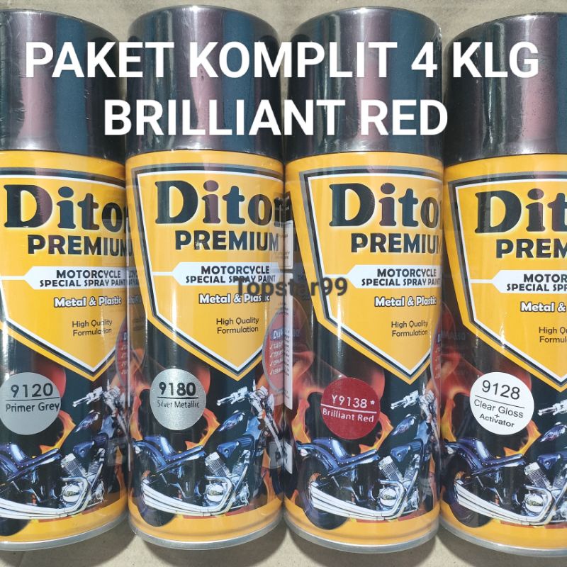 Pilok Cat Diton Premium Paket Komplit 4 Kaleng Briliant Red Merah 9138 Primer Grey 9120 Silver Metallic 9180 Clear Gloss 9128 400cc Pilox Paketan Cat Semprot Special Spray Paint