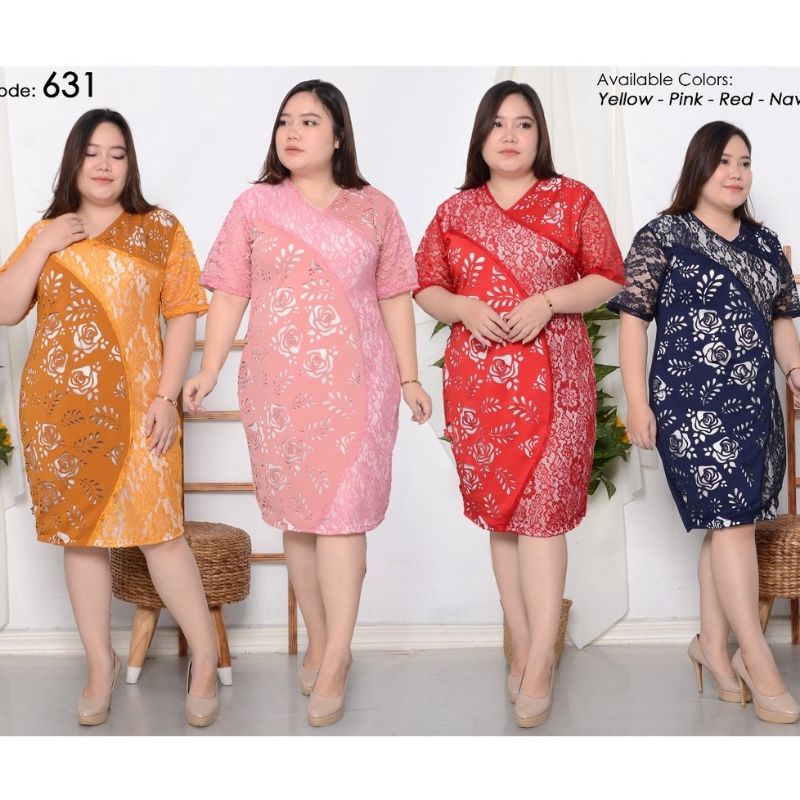 JUMBO DRESS PESTA WANITA SCUBA PREMIUM KOMBI BROKAT LASER CUT LD 100-120