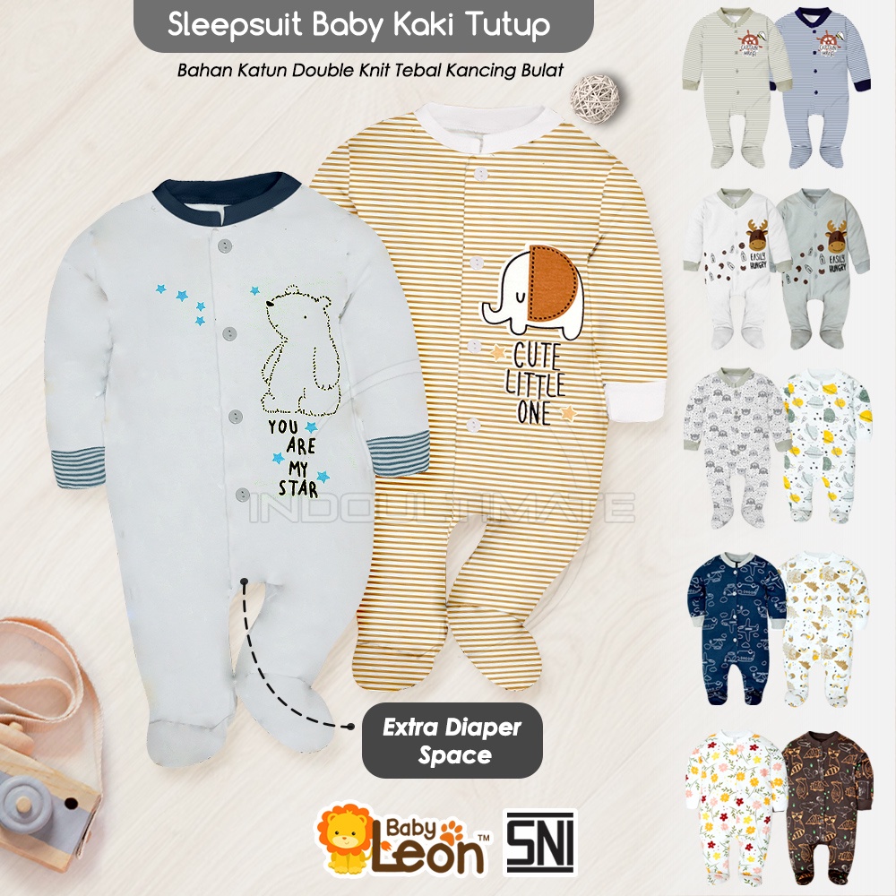 BABY LEON Baju Sleepsuit Bayi Kaki Tutup (0-12 Bulan) Lengan Panjang Baju tidur Jumsuit Jumper pergi anak Bayi balita Newborn BC-072 Sleepsuit Bayi Piyama bedong kaki buka Bayi Laki laki Perempuan Laki-laki