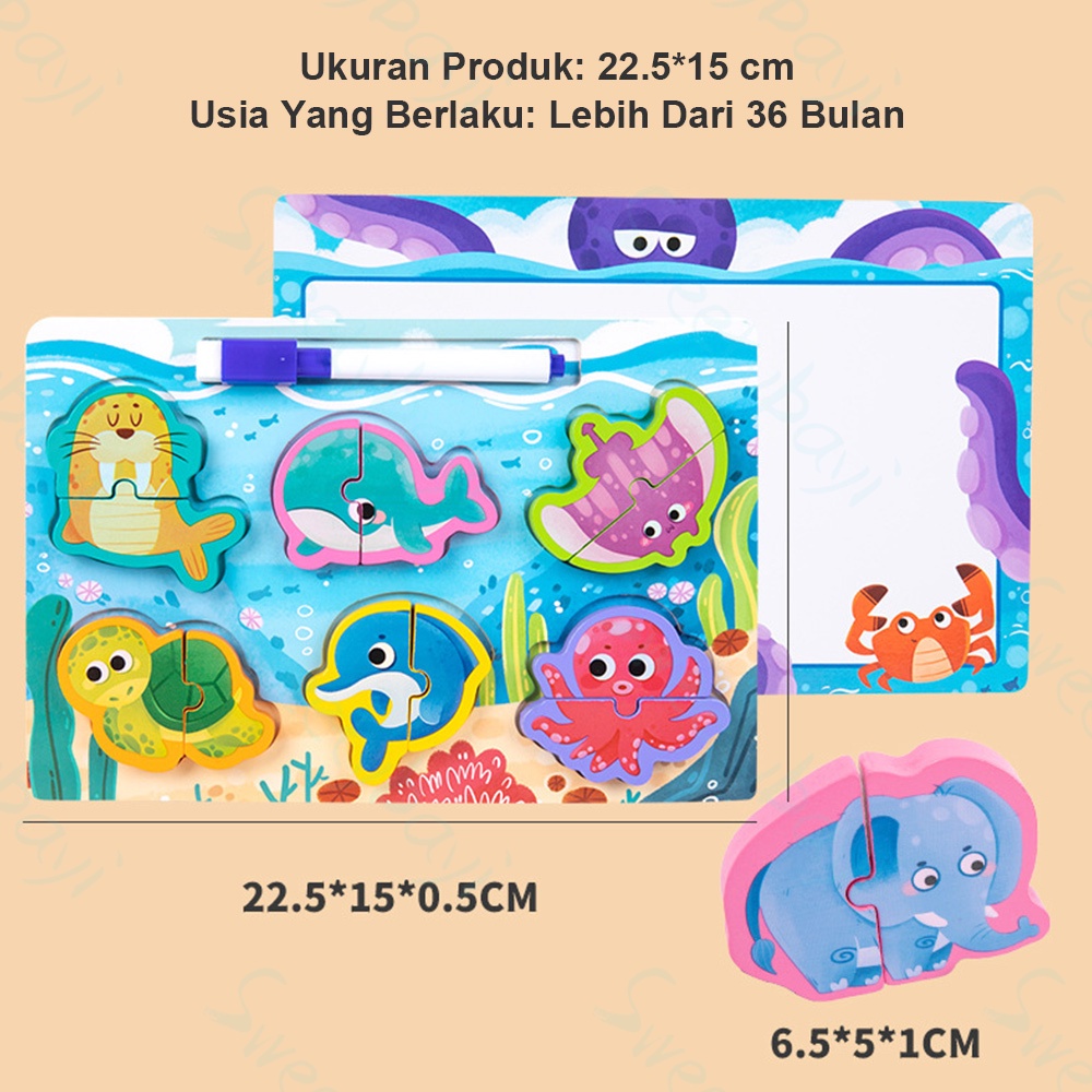 Sweetybayi 2in1 Puzzle kayu mainan edukasi Kartun Jigsaw Puzzle 3d wooden toys