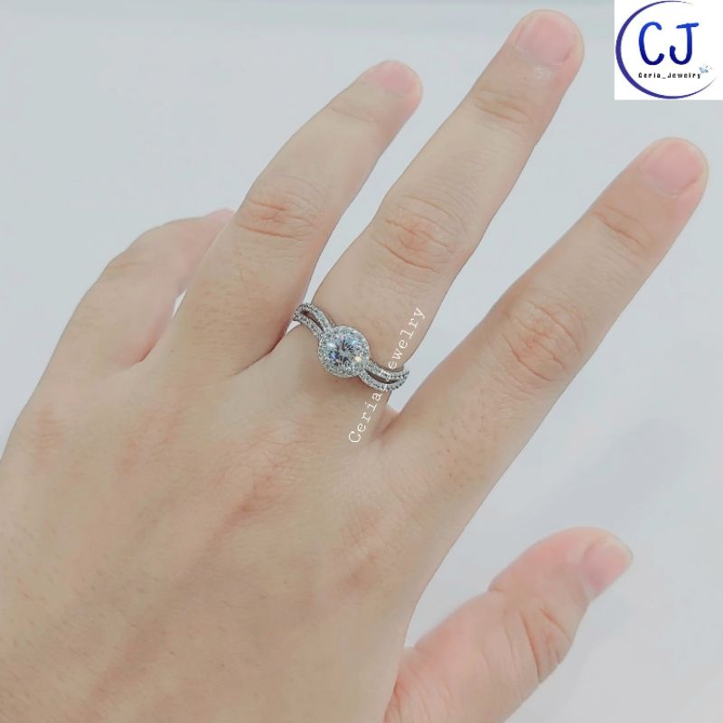 Cincin Perak Asli Wanita Silver 925 Lapis Emas Putih Model Bulat Permata Gelombang - Perhiasan Perak Asli