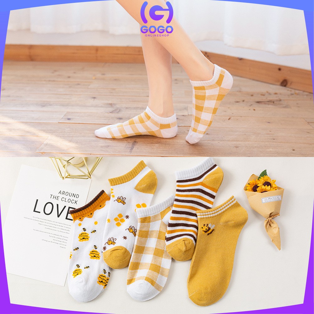 GOGO-P188 Kaos Kaki Pendek Wanita Motif Kuning Lebah Gaya Korea / Kaus Kaki Semata Kaki Wanita Dewasa / Bee Ankle Sock Fashion Korean Style