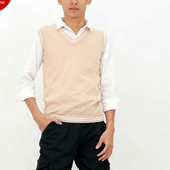Okechuku Rompi Rajut Pria Vest Rajut Pria KREM LIST PUTIH Vest Pria - S