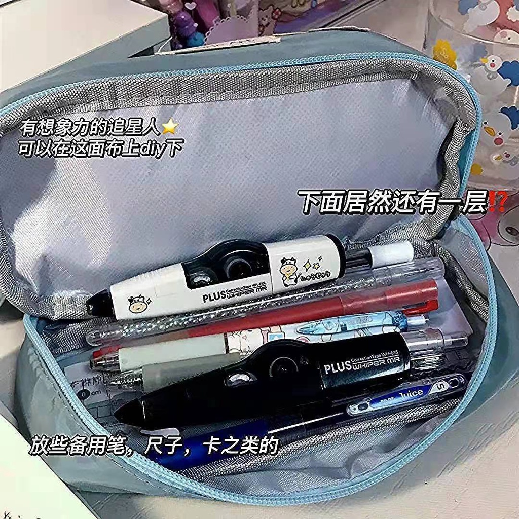 ⊙☾Sera Sera Versi Korea Bernilai Tinggi Warna Solid Double-Layer Double Ritsleting Kotak Alat Tulis Gadis Tas Kosmetik Mahasiswa Desktop Penyimpanan Tas Pena