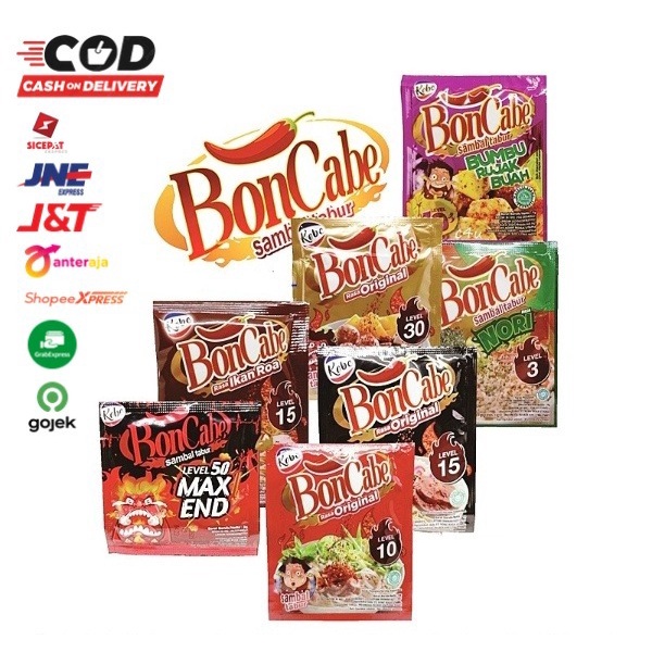 ( JSO) BONCABE BON CABE SACHET CABE BUBUK SERBAGUNA LEVEL 50 15 30 10 3 ORIGINAK MAX END NORI RUMPUT LAUT BUMBU RUJAK BUAH BAWANG GORENG IKAN