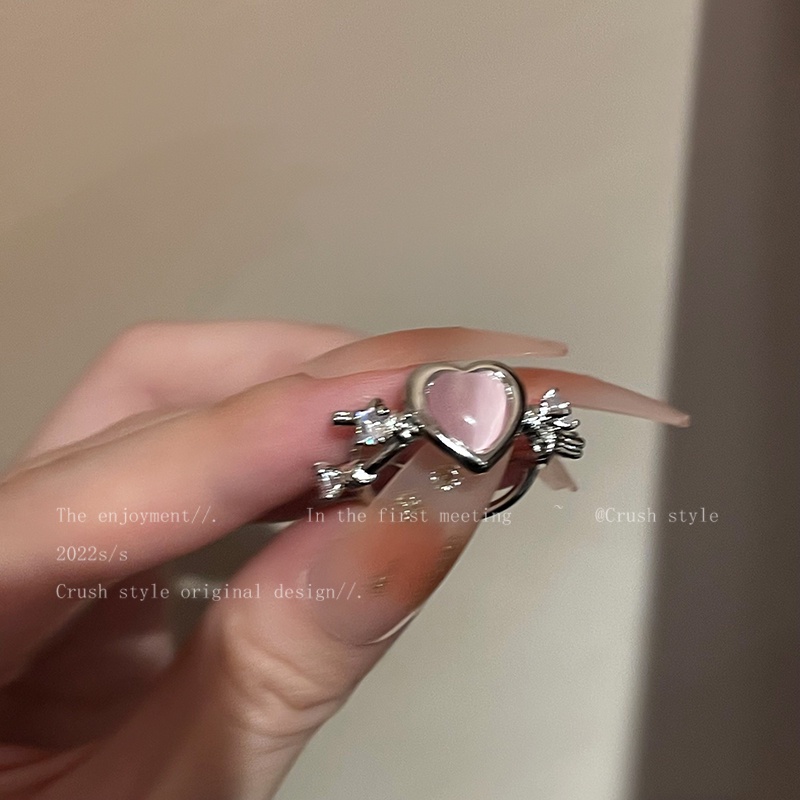 Cincin Kristal Bentuk Hati Warna Pink Gaya Korea Untuk Wanita