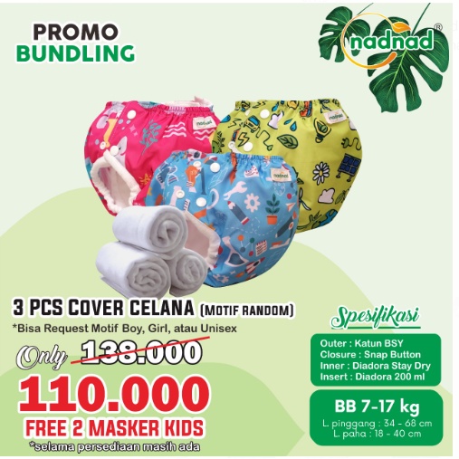 Paket Popok Clodi Bayi Cover Perekat Snab dan Celana NadNad Hemat 3 In 1 Murah New Desain  Motif Full Printing