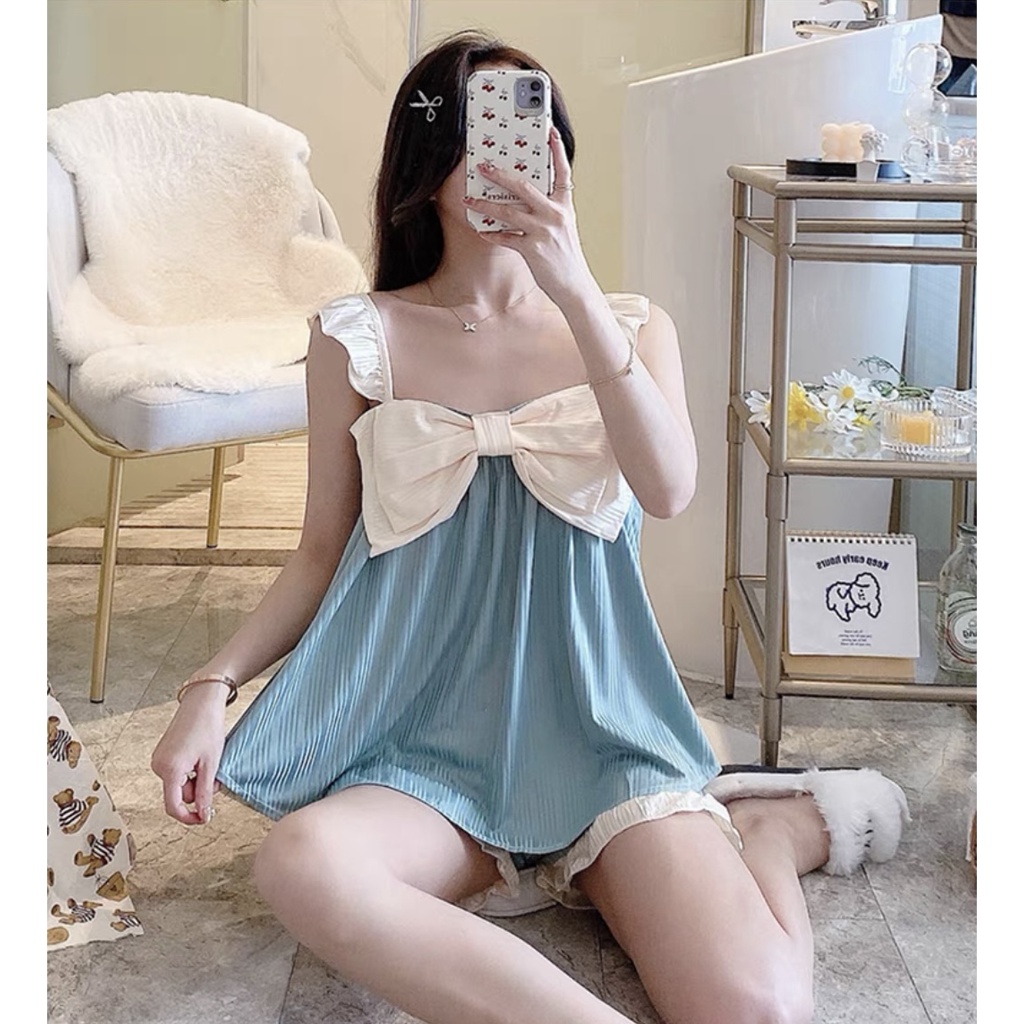 Baju Tidur Piyama set Bow Camisole Cute Putri Manis Baju Pendek Celana Pendek Sweet Import