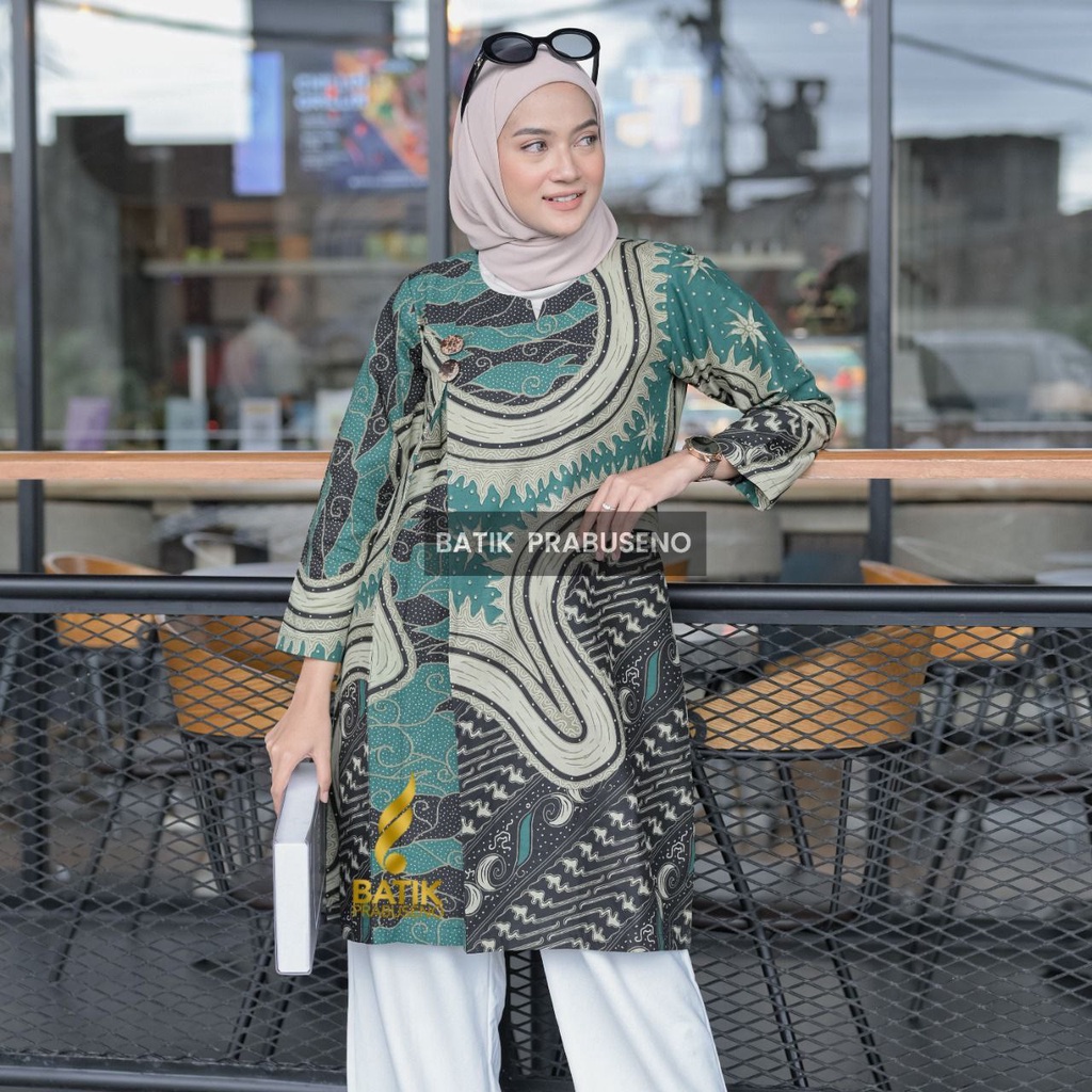 Tunik  Himawari Atasan Baju Batik Wanita Lengan Panjang Prabuseno Modern Premium Jumbo Big Size Full