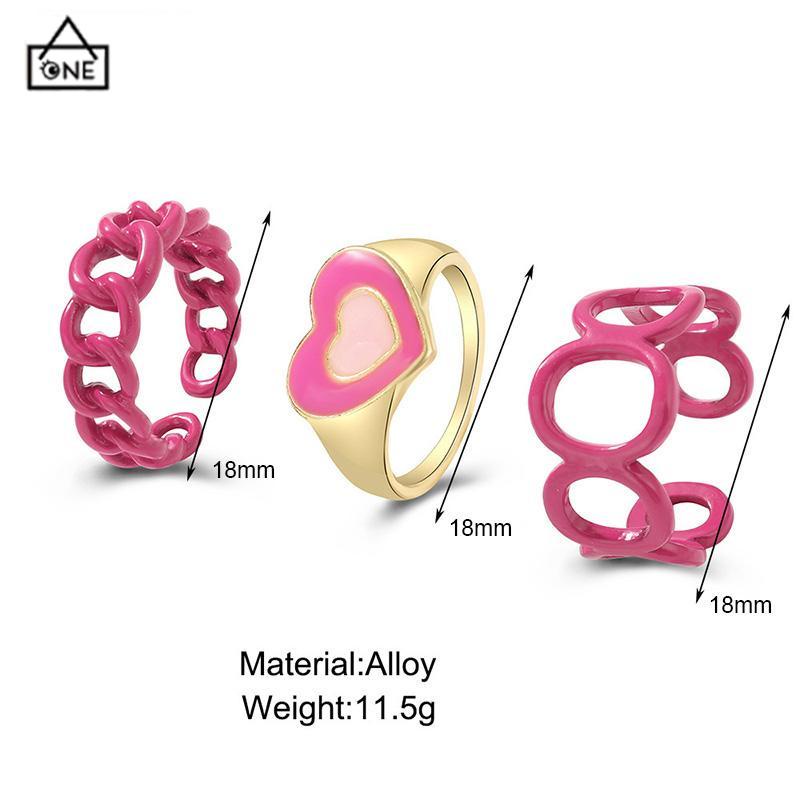 COD❤️3PCS Heart Geometry Rings Cincin Geometri Jantung Cincin Mode Menetes Minyak yang Dapat Disesuaikan untuk Aksesoris Perhiasan Wanita-A.one