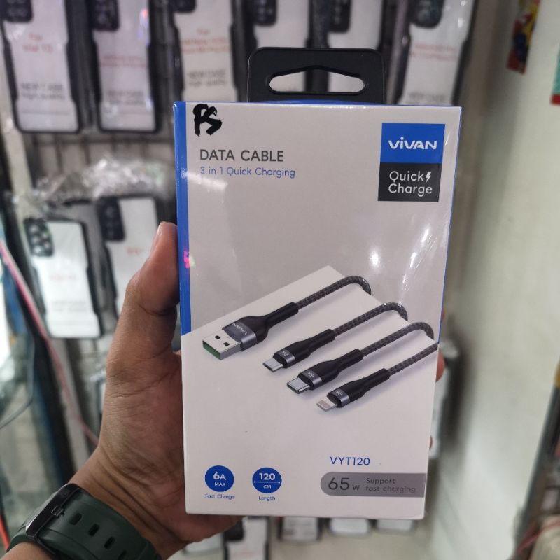 KABEL DATA 3IN1 VIVAN ORIGINAL GARASNI 1TAHUN 65W 120cm