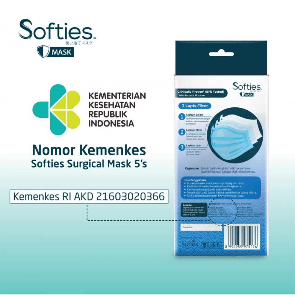 Softies Earloop 3ply Surgical Mask Masker Dewasa - 5 Pcs