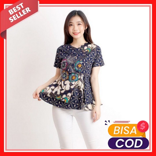 Keluaran Terbaru.. Deethnik - Blus Batik Lengan Pendek Mix Brokat Lengan Balon Deethnik Atasan Wanit