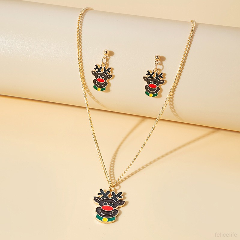 Set Perhiasan Kalung Dan Anting Motif Kartun Rusa Untuk Hadiah Natal