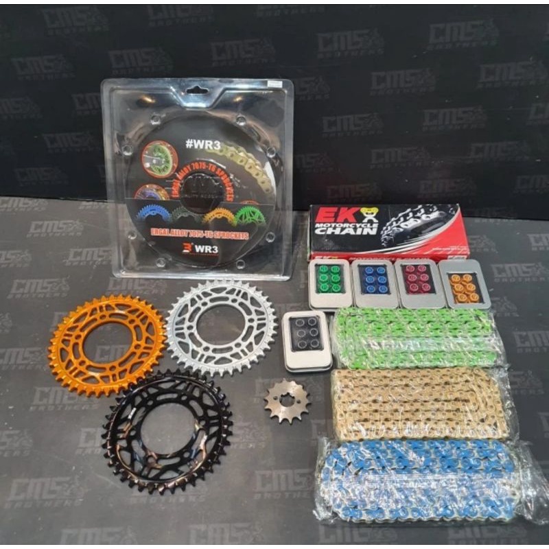 Paketan Kawasaki Ninja RRRantai Ek Chain 428-130 SRO
Gear Depan 428-14/15
Gear Belakang 428-39
Mur G