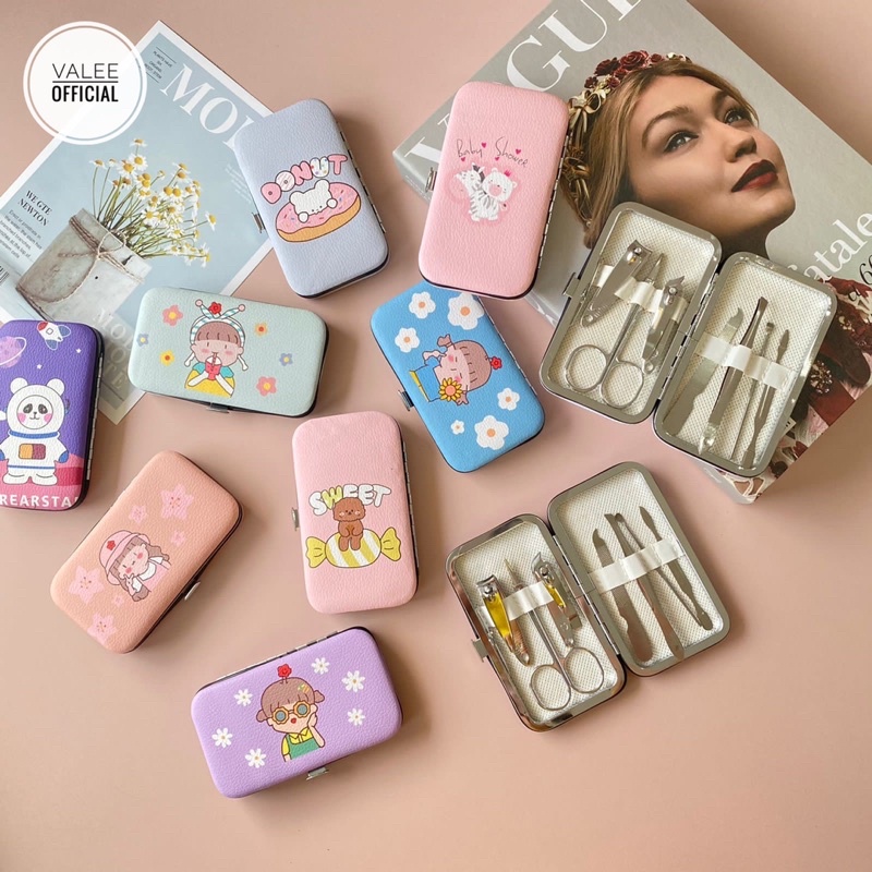 GUNTING KUKU SET STAINLESS STEEL WARNA PASTEL MANICURE PEDICURE ORIGINAL BAYI CANTENGAN MIRING MURAH 7IN1 DOMPET MOTIF LUCU IMPORT