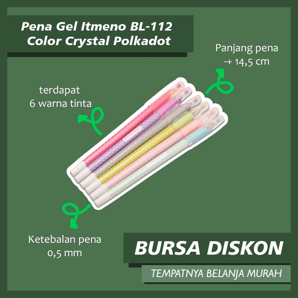 

Pulpen Gel Itmeno BL-112 Color Crystal Polkadot Bolpen Pen Kristal Pena