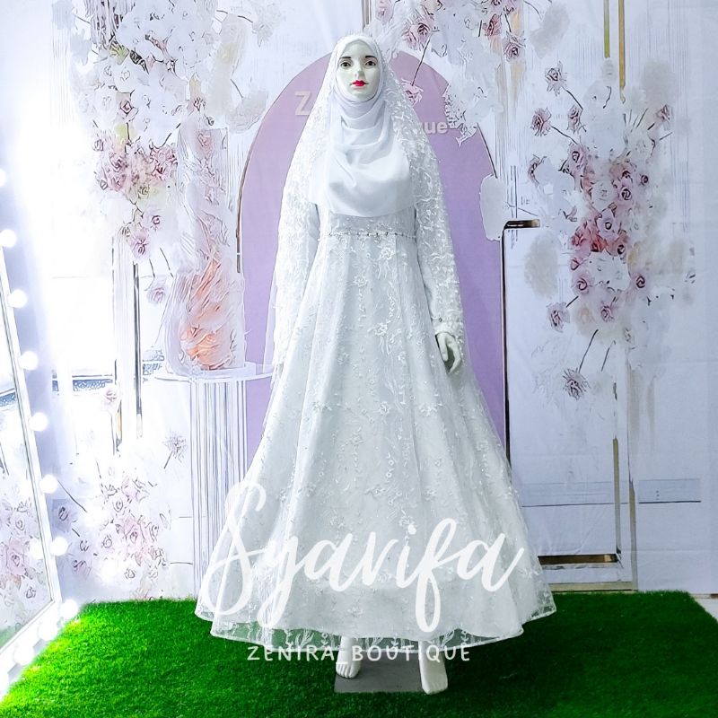 SYARIFA Wedding Dress FREE Pasmina dan VEIL selendang tile / Gaun pernikahan putih / akad / Baju pesta / prewedding