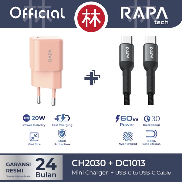 RAPAtech CH2030 &amp; DC1013 - PD20W Charger 20W &amp; USB-C to USB-C Cable QC