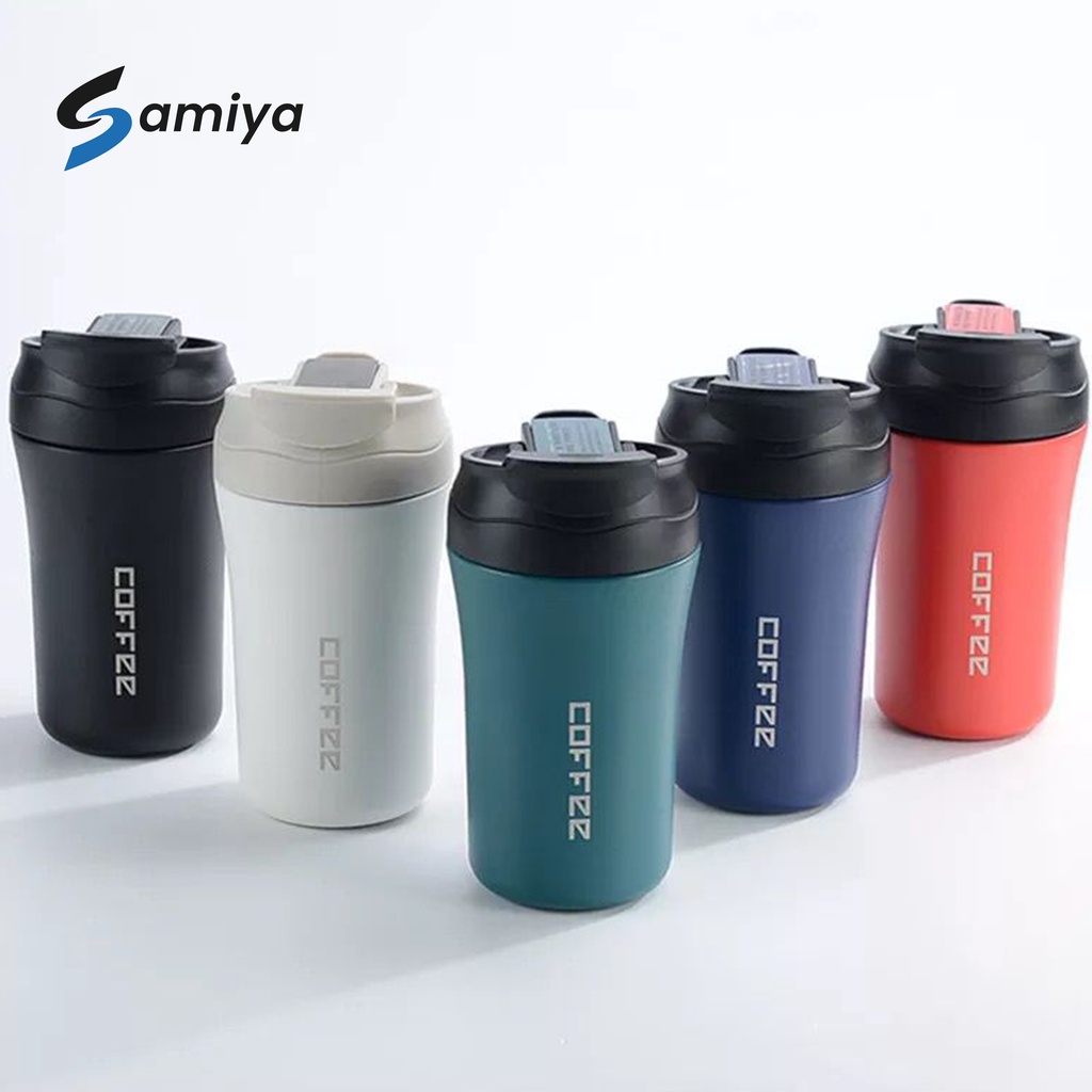 coffee tumbler dual drinking with straw / botol minum portable stainless 2in1 sedotan 400ml FREE custom grafir nama / thermos mug hot and cold