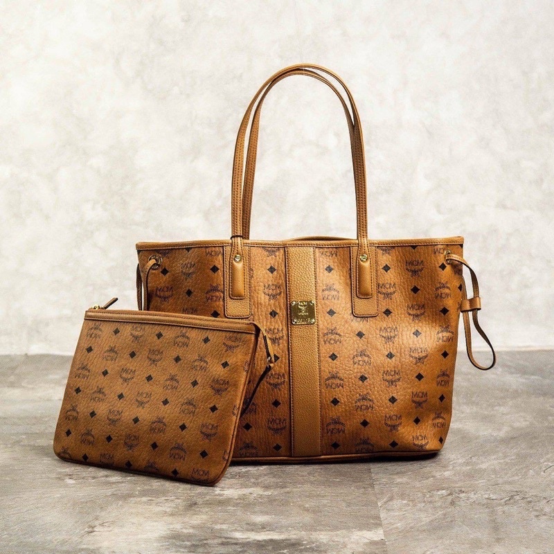 MCM Reversible Liz Visetos Tote Shopper Bag with Pouch in Cognac